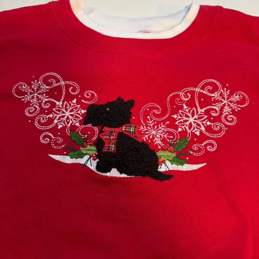 EUC Decorated Originals Red Scottie Dog Embroidered Holiday‎ Sweatshirt Medium - Picture 2 of 7
